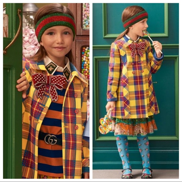 { Gucci } Checkered Plaid Acid Yellow Peacoat Girl - Picture 2 of 8